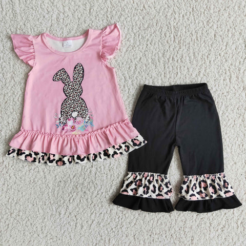 Girl Pink Bunny Short Sleeve Black Pant Outfit