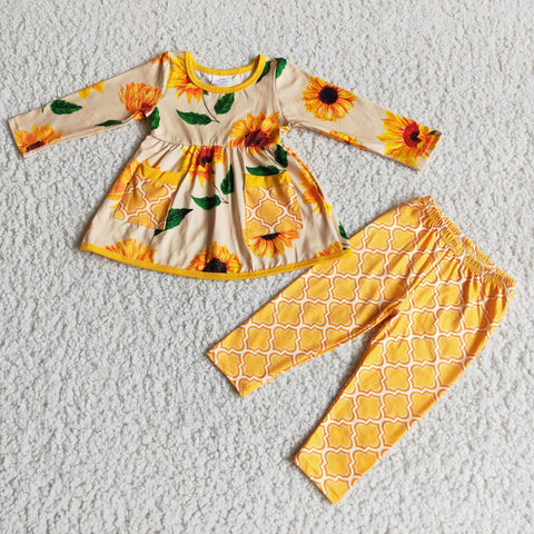 Clearance Girl Sunflowers Pockets Argyle Outfit