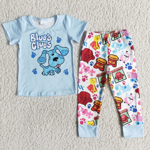 E8-5 Clearance Boy & Girl Blue's Dog Short Sleeve Paw Print Pant Outfits