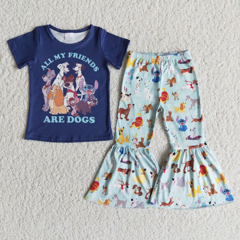 E7-18 Letter Print Dogs Navy Short Sleeve Long Pants Girl Outfit-promotion 2024.2.24