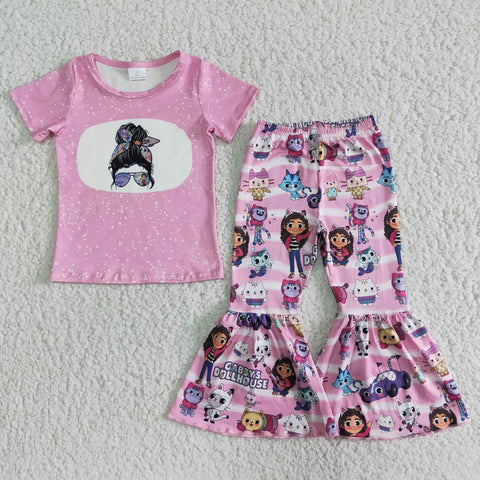A12-11 Girl Cat Cartoon Short Sleeve Plaid Print Outfit-promotion 2024.4.20