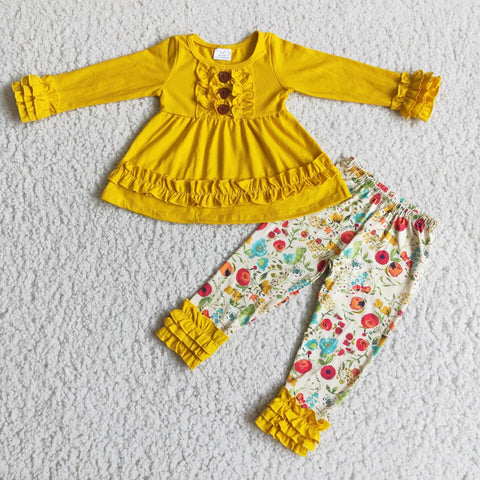 Girl Yellow Ruffles Floral Pant Outfit