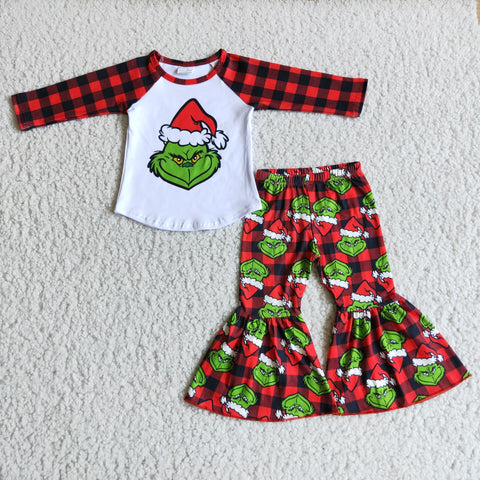 6 A18-30 Girl Plaid Top Cartoon Bell Bottom Outfit-promotion 2024.10.26