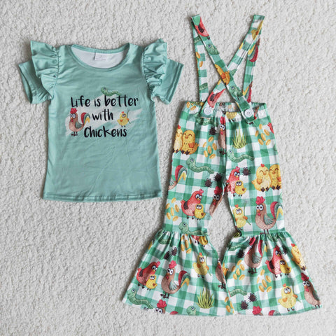 Life Is Better With Chicken Girl Green Plaid Overalls Outfit