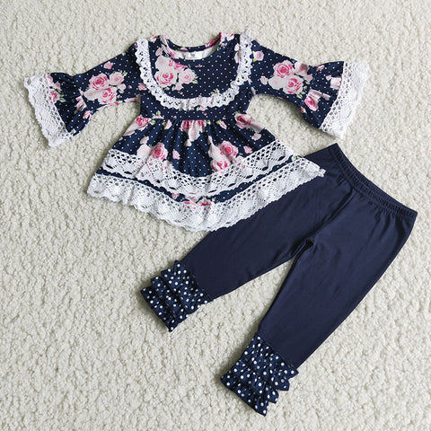 Girl Floral Lace Navy Dot Pant Outfit