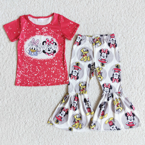 E7-20 Girl Red Bleached Short Sleeve Cartoon Pant Outfit-promotion 2024.2.24