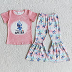 Girl Happy Easter Short Sleeve Colorful Cartoon  Pant Outfit