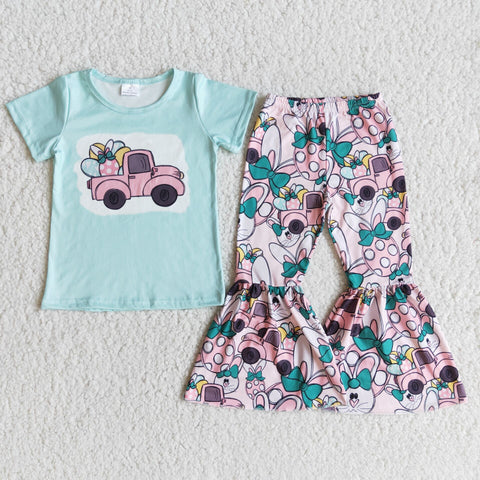 Girl Blue Screen Print Short Sleeve Eggs Bunny Pant Outfit