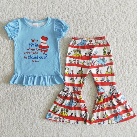 Blue Letter Print Red Stripe Ruffle Short Sleeve Outfit