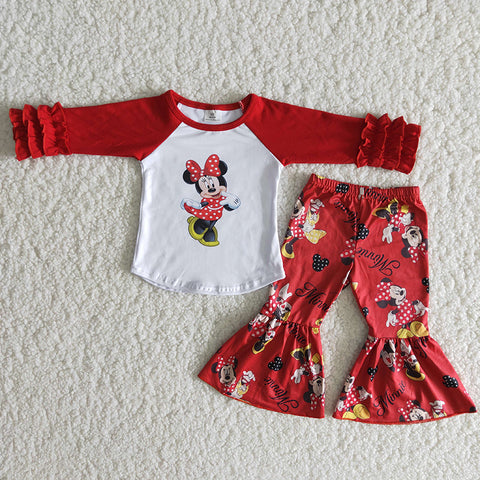 Clearance Girl Red Ruffles Long Sleeve Shirt Red Bow Outfit