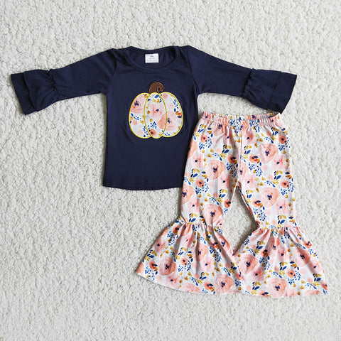 Girl Navy Pumpkin Floral Outfit