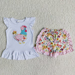 Girl Embroidery Chicken Floral Shorts Outfit