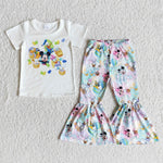 Girl White Cartoon Short Sleeve Print Pant Outfit