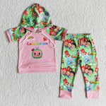 Girl Pink Short Sleeve Hoodie Cartoon Pant Outfit