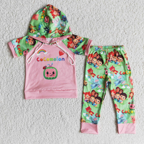 Girl Pink Short Sleeve Hoodie Cartoon Pant Outfit