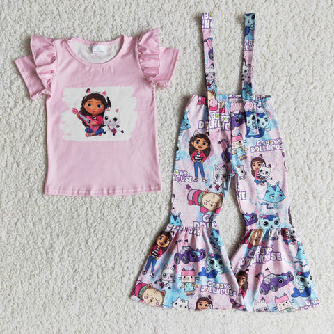 Girl Pink Short Sleeve Cartoon Overalls Outfit