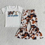 E11-13 Girl Peace Love Short Sleeve Cow Print Pant Outfit-promotion 2024.3.9