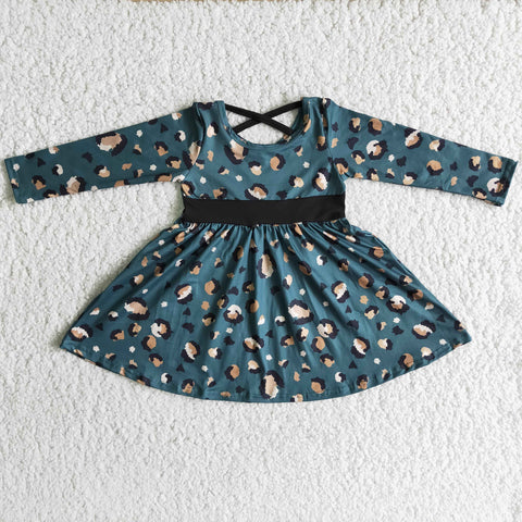Girl Blue Leopard Long Sleeve Twirl Dress