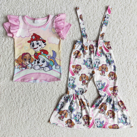 Girl Dog Paw Short Sleeve Cartoon Overalls Outfit