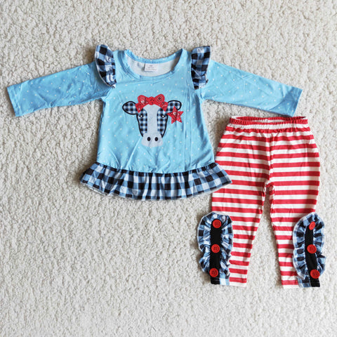Girl Blue Cow Red Striped Outfit