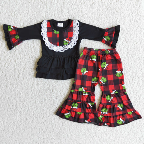 Girl Black Top Lace Plaid Green Monster Pant Outfits