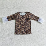 Girl Leopard Ruffle Lace Long Sleeve T-shirt