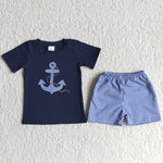 Boy Embroidery Anchor Plaid Shorts Outfit
