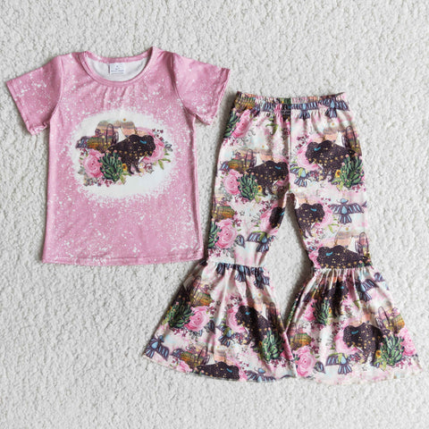 E12-15 Girl Pink Cow Short Sleeve Floral Pant Outfit-promotion 2024.3.2