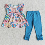 Girl Cartoon Short Sleeve Blue Ruffles Pant Outfit