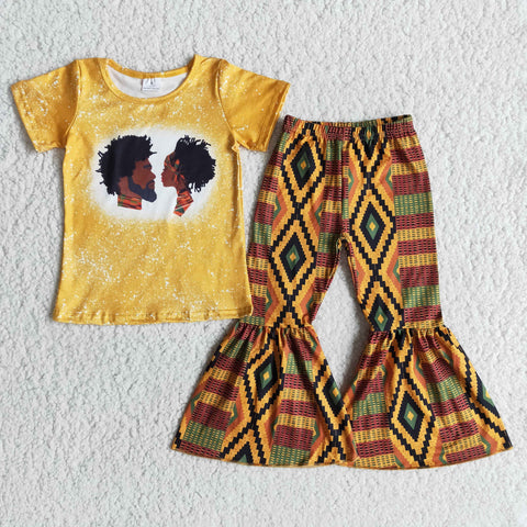 Girls Yellow Short Sleeve Aztec Bell Bottom Outfit