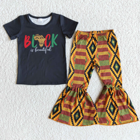 Girls Black Short Sleeve Aztec Bell Bottom Outfit