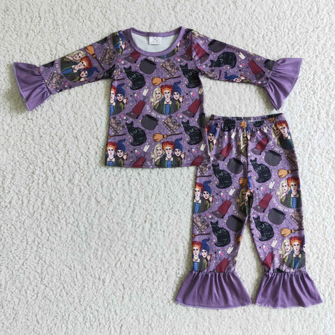 Girl Purple Screen Three Women Cat Print Fall Pajamas Outfit