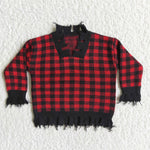 Girl Red & Black Plaid Tassels Sweaters