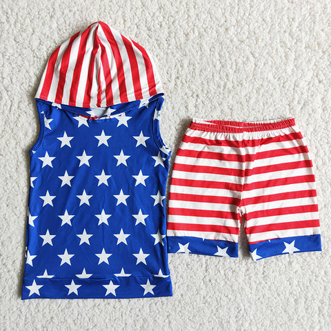 Boy Stars & Striped Sleeveless Hoodie Shorts Outfit