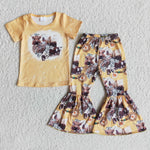 E13-17 Girls Yellow Cow Short Sleeve Patchwork Pant Outfit-promotion 2024.3.2