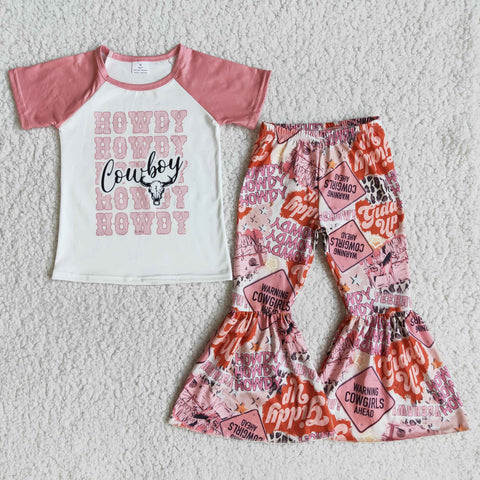 E13-18 Girls Pink Howdy Short Sleeve Patchwork Pant Outfit-promotion 2024.3.2