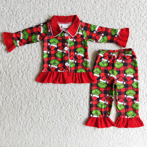 Girl Green Monster Plaid Cardigan Pajamas Outfits