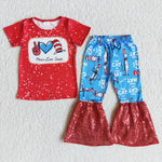 Girls Peace Love Cartoon Short Sleeve Red Sequin Pant  Outfit