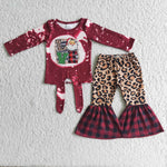 Girl Christmas Love Leopard Bell Bottom Outfit