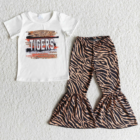 Clearance Girl Tigers Short Sleeve Spotted Bell Bottom Outfit