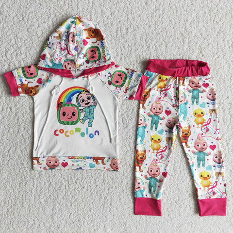 Girl Fuchsia Short Sleeve Hoodie Cartoon Pant Outfit