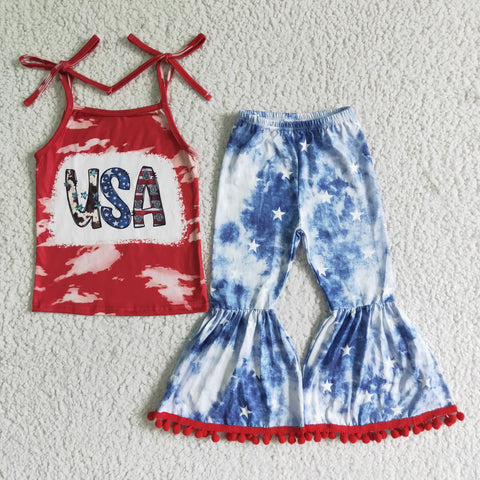 GSPO0068 USA Sleeveless Shirt Tie Dye Bell Bottom Pants girls 4th Of July Outfit-promotion  2024.6.15