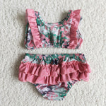 Girl Pink Ruffles Colorful Print 2 Pieces Swimsuits