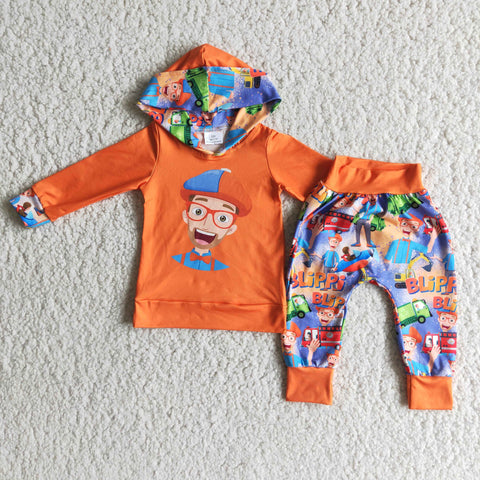 Boy Orange Cartoon Uncle Hoodie Outfit