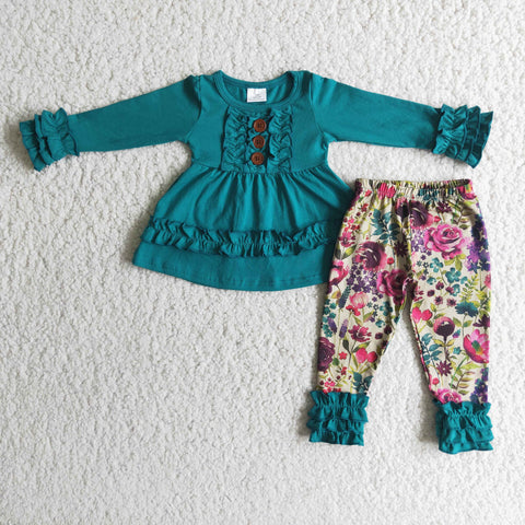 Girl Green Ruffles Tunic Floral Pant Outfit