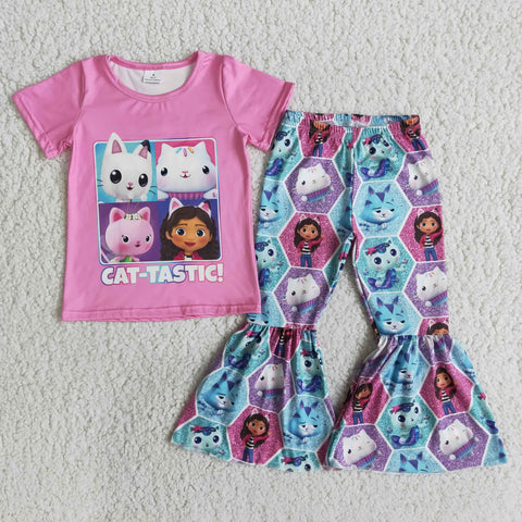 E14-11 Girl Cat Short Sleeve Cartoon Bell Bottom Outfit-promotion 2024.3.9