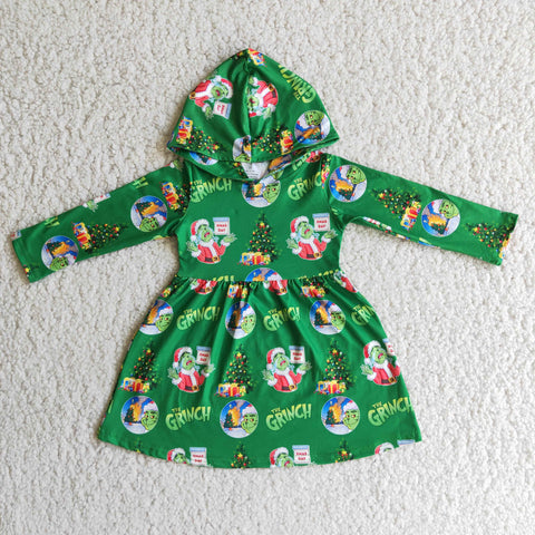 Girl Green Print Hoodie Long Sleeve Dress
