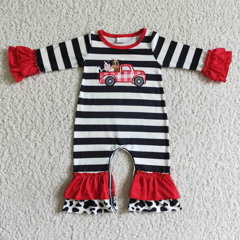 Farm Girl Black And White Stripe Car Embroidery Print Long Sleeve Baby Romper