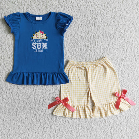 You Are My Sunshine Embroidery Girls Shorts Outfit