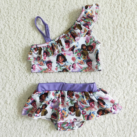 Girl Purple Cartoon Sloping Shoulder Ruffles 2 Pieces Swimsuits